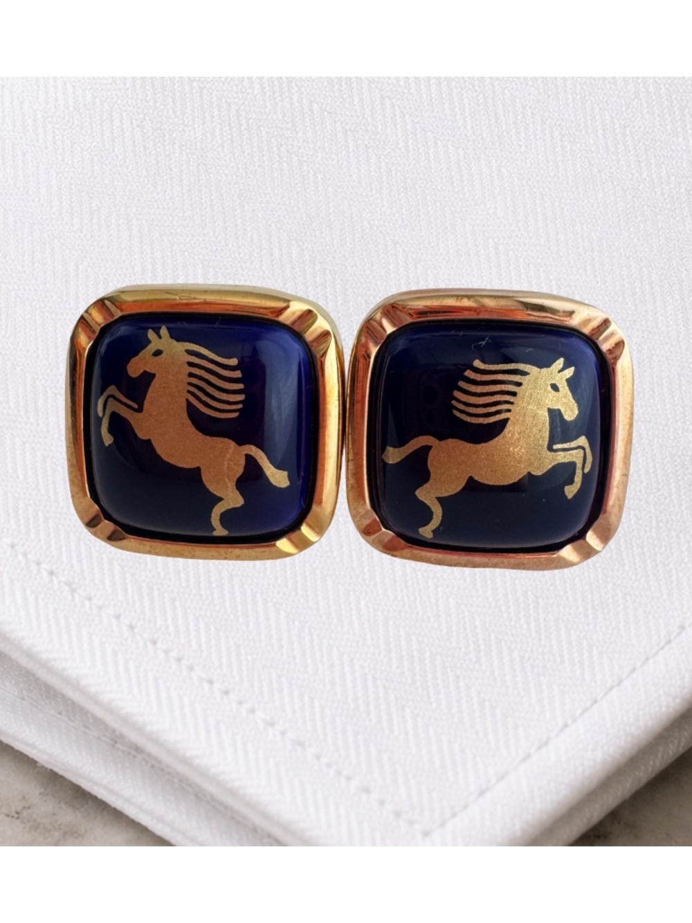Okura Art China Cufflinks Cobalt Blue Porcelain Gold Horse Japanese Mens Vintage